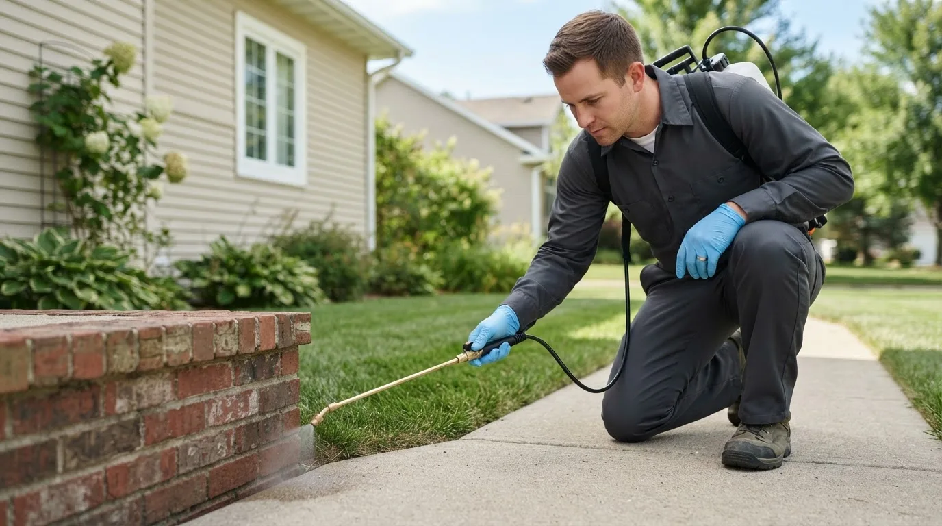 Pest control technician treating a home near Trion, GA
